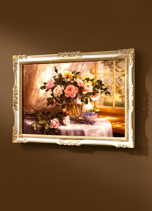 Blumen - Bild mit Rosenstrauß, in Farbe WEISS-GOLD