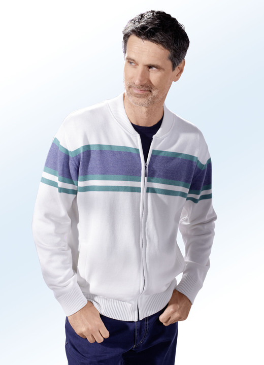 Pullover & Strickmode - Jacke mit durchgehendem Reißverschluss in 2 Farben, in Größe 046 bis 062, in Farbe ECRU-JEANSBLAU Ansicht 1