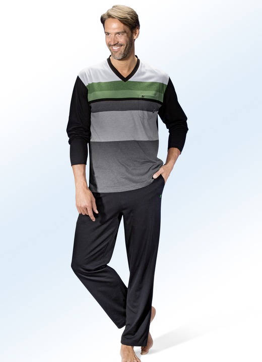 Hajo Klima Komfort Schlafanzug mit V-Auschnitt, garngefärbtem Ringeldessin  und Brusttasche - Nachtwäsche | BADER