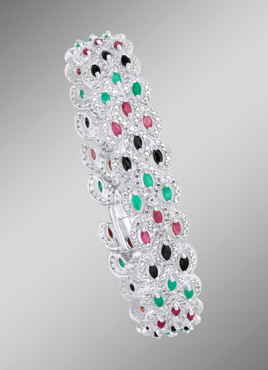 Armbänder - Armband mit Rubinen, Smaragden und schwarzen Safiren, in Farbe