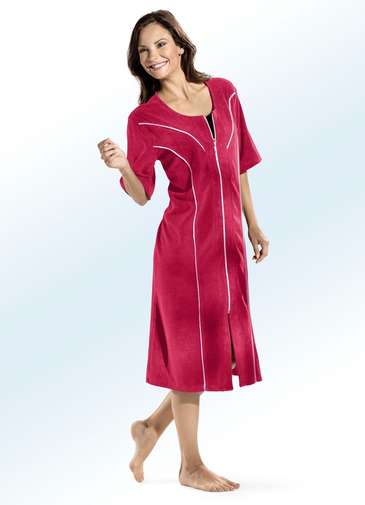 Homewear & Freizeitmode - Hauskleid mit kontrastfarbenen Paspeln , in Größe 036 bis 054, in Farbe ROT