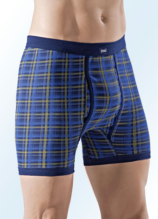 Herrenwäsche - Viererpack Unterhosen, kariert, mit Eingriff, in Größe 005 bis 013, in Farbe 2X MARINE-BUNT, 2X SCHWARZ-BUNT