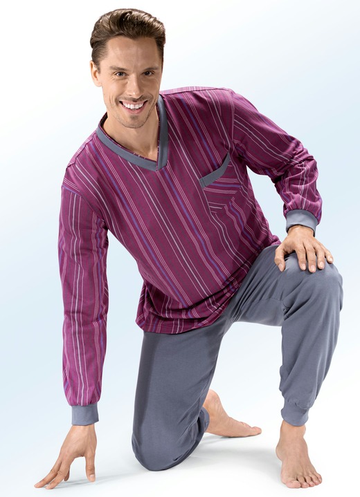 Herrenwäsche - Schlafanzug mit V-Ausschnitt, Brusttasche, Arm- und Beinbündchen, in Größe 048 bis 066, in Farbe CHIANTI-BUNT