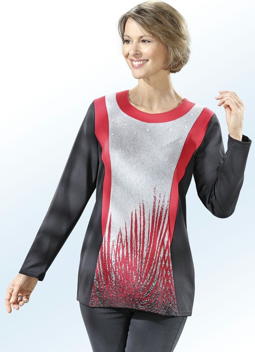 Shirts - Shirt mit Kontrasteinsätzen und Schmuckzier, in Größe 040 bis 060, in Farbe SCHWARZ-GRAU-ROT