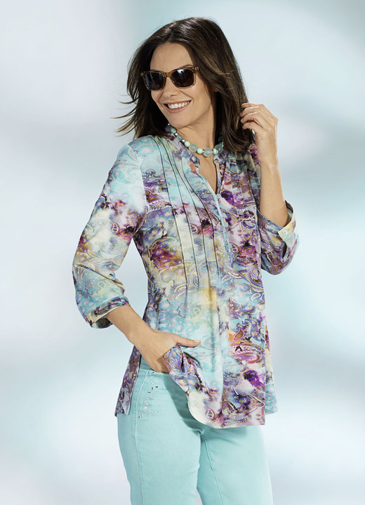 Tuniken - Shirt-Tunika mit hübscher Biesenzier, in Größe 036 bis 054, in Farbe TÜRKIS-FLIEDER Ansicht 1