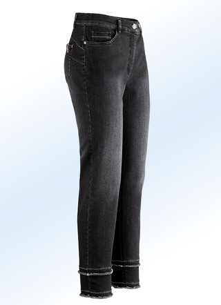 Knöchellange Jeans mit funkelnden Zierbändern und Fransensam