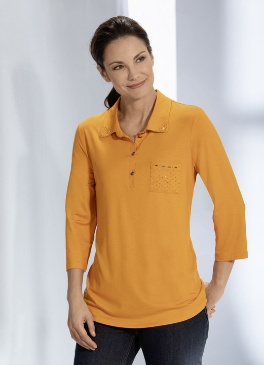 Shirts - Poloshirt mit Strasszier am Polokragen in 2 Farben, in Größe 036 bis 042, in Farbe MANDARINE