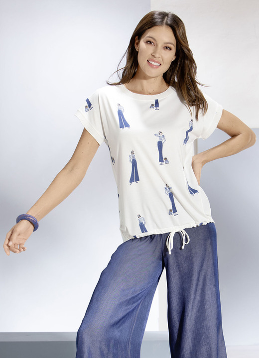 Shirts - Shirt mit leicht abgerundetem längerem Rückteil, in Größe 036 bis 050, in Farbe ECRU-JEANSBLAU