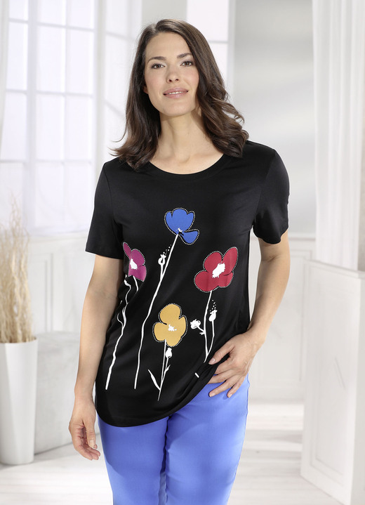 Shirts - Longshirt mit dekorativem Druckmotiv, in Größe 040 bis 056, in Farbe SCHWARZ