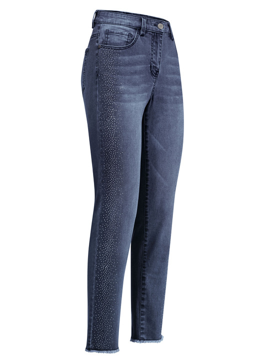 Hosen mit Knopf- und Reißverschluss - Edel-Jeans mit tollen Glitzersteinchen und Fransensaum, in Größe 017 bis 050, in Farbe DUNKELBLAU Ansicht 1