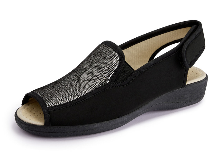 Sandaletten & Pantoletten - Sandale aus elastischem Textilmaterial, in Größe 035 bis 042, in Farbe SCHWARZ-ALTSILBER Ansicht 1