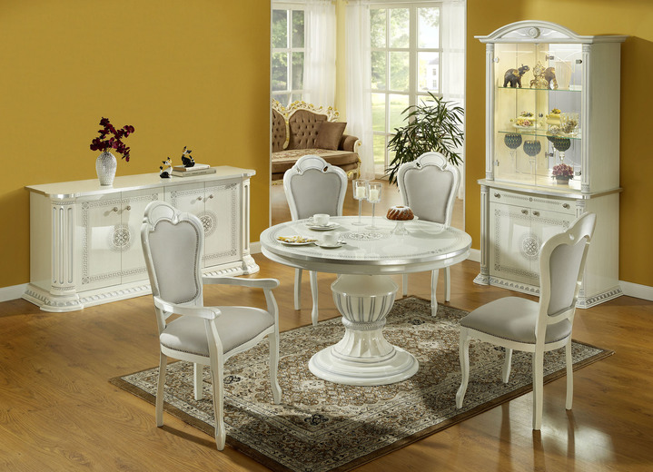Vitrinen - Stilvolle Möbel mit hochglanzlackierter Kunststoffoberfläche, in Farbe WEISS-SILBER, in Ausführung Esstisch, rechteckig