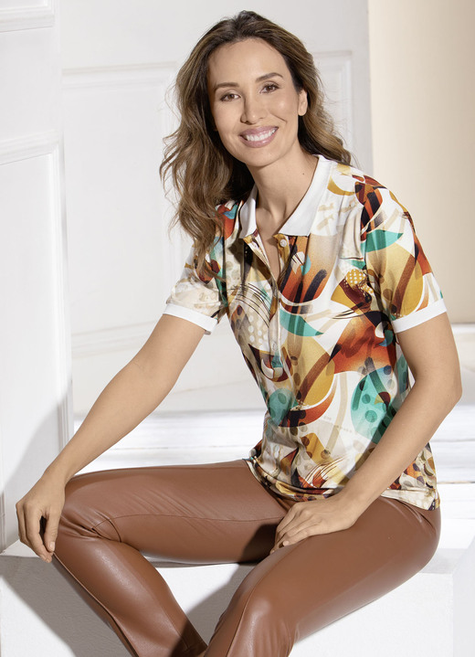 Shirts - Geschmackvolles Poloshirt mit kurzer Knopfleiste, in Größe 048 bis 052, in Farbe ORANGE-BRAUN-ECRU Ansicht 1
