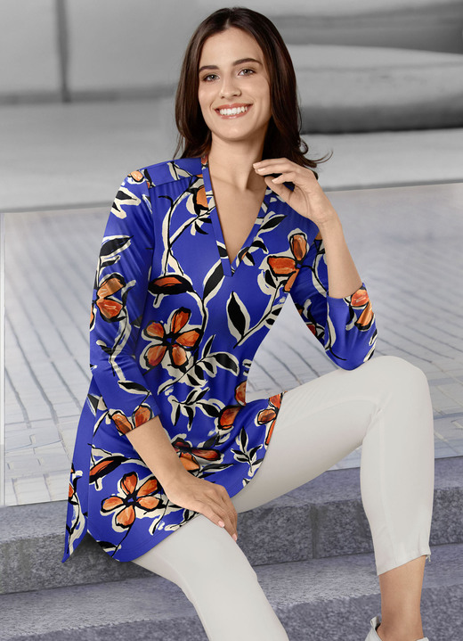 Blusen & Tuniken - Shirt-Tunika mit farbbrillantem Druck, in Größe 036 bis 054, in Farbe INDIGOBLAU-BUNT