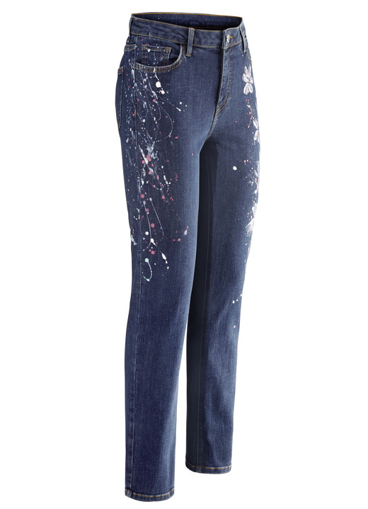 Hosen mit Knopf- und Reißverschluss - Jeans mit handbemalten, floralen Motiven, in Größe 017 bis 052, in Farbe DUNKELBLAU Ansicht 1