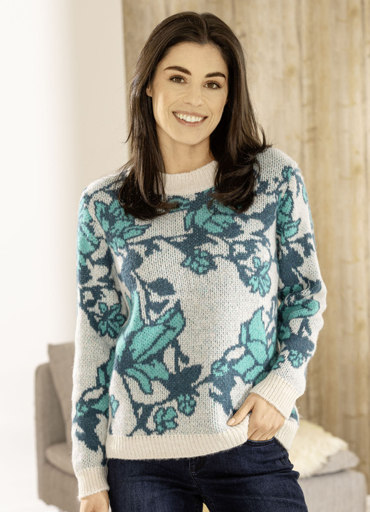 Langarm - Pullover in Jacquard-Dessin, in Größe 036 bis 050, in Farbe CREME-PETROL-AQUA Ansicht 1