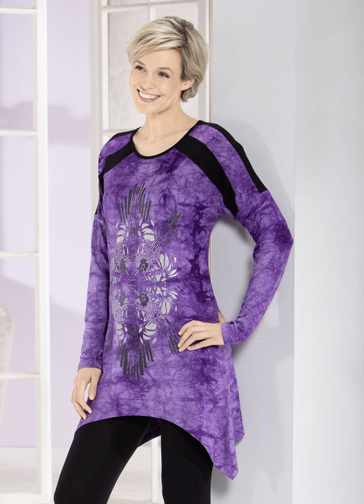 Langarm - Longshirt in aktueller Batik-Optik in 2 Farben, in Größe 038 bis 056, in Farbe LILA BATIK Ansicht 1