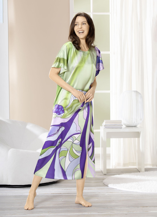 Hauskleider - Hauskleid , in Größe 036 bis 054, in Farbe GRÜN-LILA-BUNT