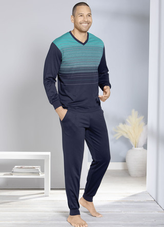 Hajo Klima Komfort Schlafanzug mit V-Ausschnitt und garngefärbtem Ringel