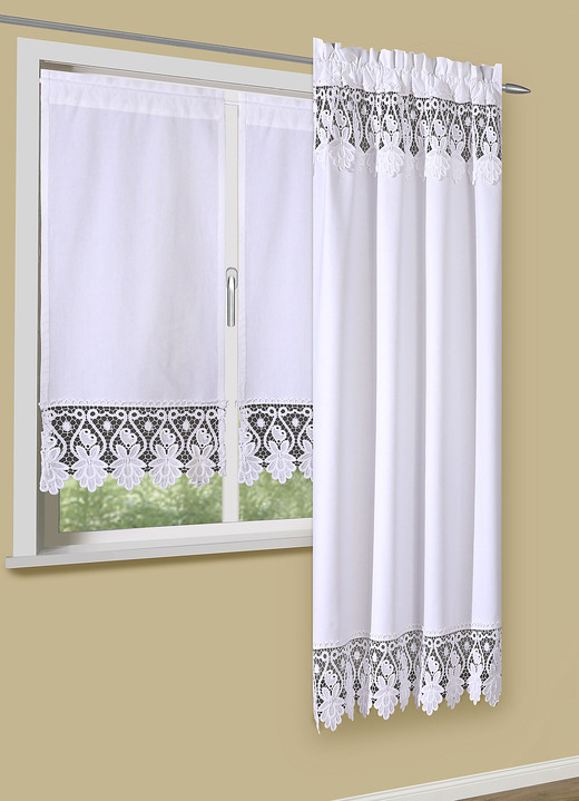 Klassisch - Fensterdekoration aus reiner Baumwolle mit hochwertiger Spitze, in Größe 402 (Scheiben-Gardine, H60xB36 cm) bis 520 (Seitenschal, H180xB88 cm), in Farbe WEISS Ansicht 1