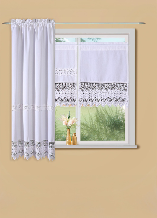 Klassisch - Fensterdekoration aus reiner Baumwolle mit hochwertiger Spitze, in Größe 400 (Scheiben-Gardine ohne Einsatz, H50xB40 cm) bis 520 (Seitenschal, H180xB100 cm), in Farbe WEISS Ansicht 1