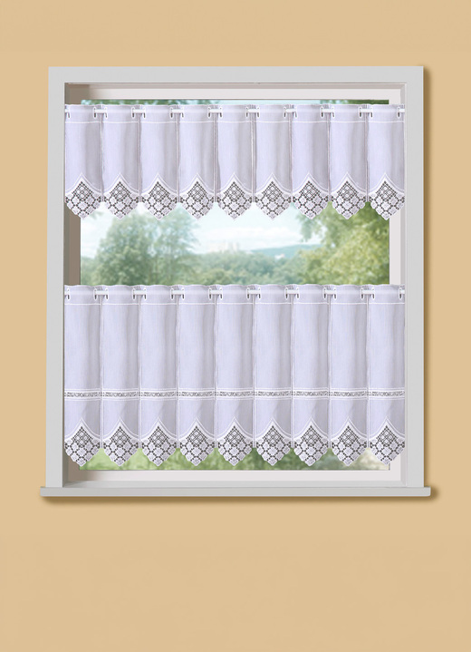 Kurzgardinen - Kurzstore mit edler Macramé-Spitze und Stangendurchzug, in Größe 661 (H30xB 90 cm) bis 861 (H60xB150 cm), in Farbe WEISS Ansicht 1