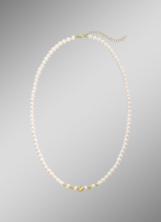 Halsketten - Halskette mit Süßwasser-Zuchtperlen und Goldkügelchen, in Farbe  Ansicht 1